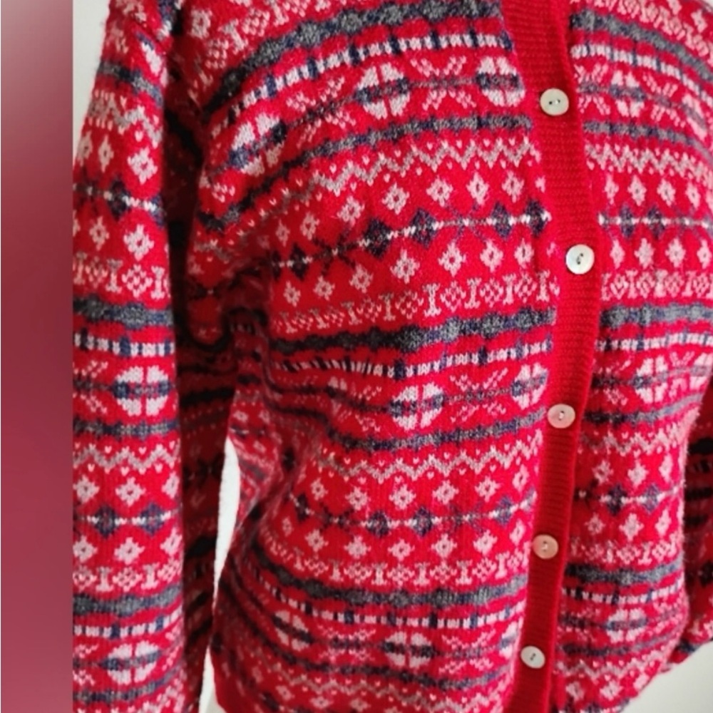Vintage Wool Fair Isle Karen Scott Red Grey Navy  Cardigan Sweater